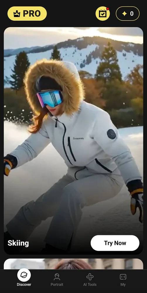 PokeVid app showing a skiing video template